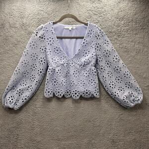 Altar'd State Small Blue Eyelet Top Balloon Sleeves V-Neck Crop‎ Boho Feminine